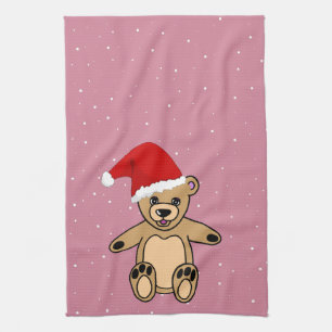 Cute Teddy Bear met Santa Hat Pink Kerstmis Theedoek