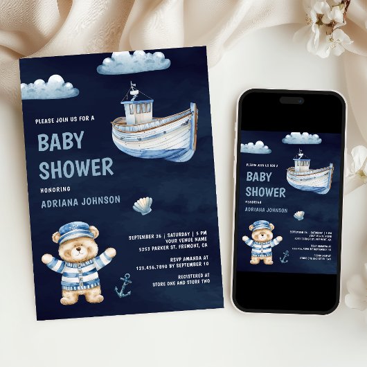 Cute Teddy Bear Nautical Boat Navy Baby Shower Kaart