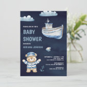 Cute Teddy Bear Nautical Boat Navy Baby Shower Kaart (Staand voorkant)