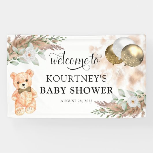 Cute Teddy Bear Neutral Baby shower Welcome Spandoek (Horizontaal)
