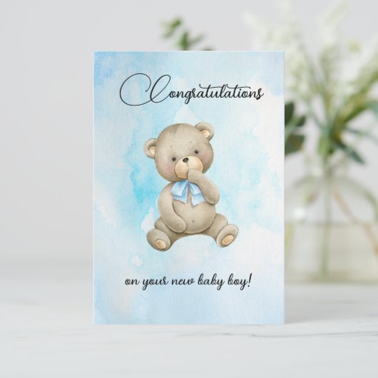 Cute Teddy bear new baby boy congratulations cards (Staand voorkant)