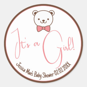 Cute Teddy Bear Nostalgic Brown Pink Baby shower Ronde Sticker