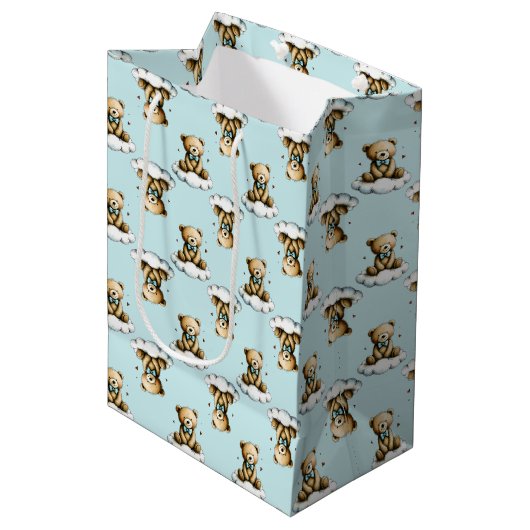 Cute Teddy Bear on a Cloud Blue Bow Tie Medium Cadeauzakje (Voorkant Gekanteld)