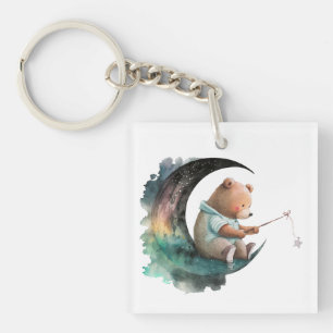 Cute Teddy Bear op de maan, Duw de Cartoon Beer T- Sleutelhanger