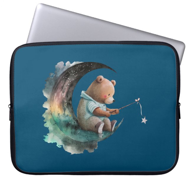 Cute Teddy Bear op de maan, Plush Cartoon Beer Laptop Sleeve (Voorkant)