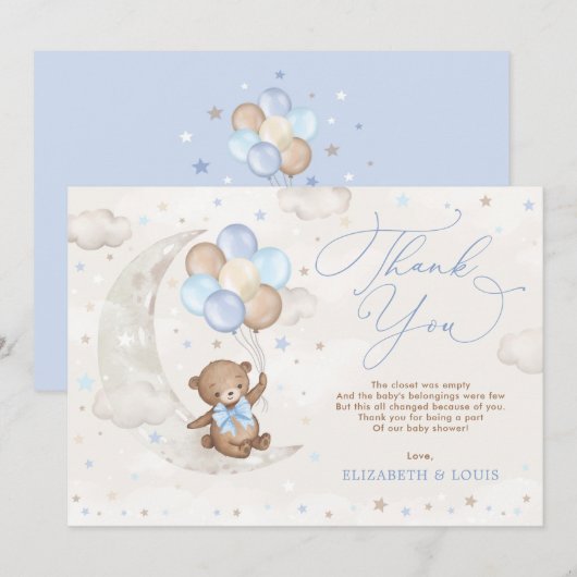 Cute Teddy Bear op maan met Blauwe Bruine Balloons Bedankkaart (Voorkant / Achterkant)