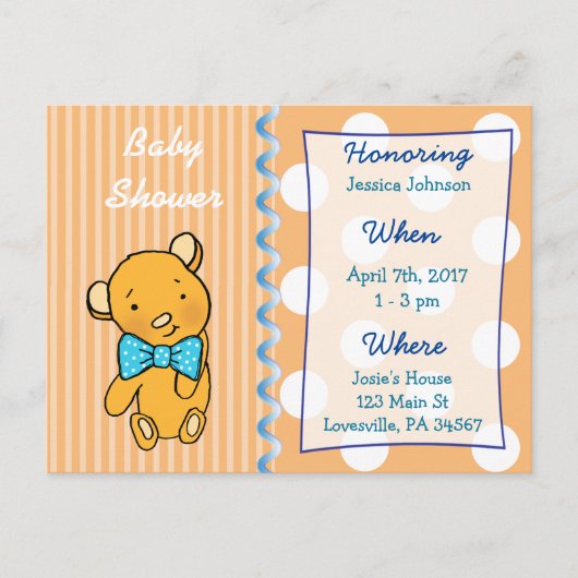 Cute Teddy Bear Oranje Baby shower Invitation Uitnodiging Briefkaart (Voorkant)