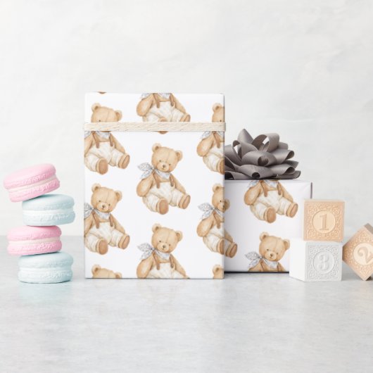 Cute Teddy Bear Overalls Baby Shower Cadeaupapier (Baby Shower)