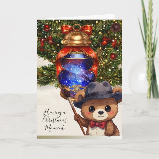 Cute Teddy Bear Painting A Christmas Tree Lantern Feestdagen Kaart (Voorkant)