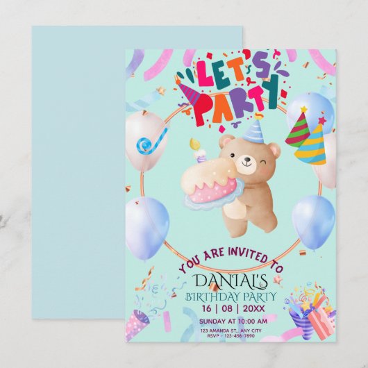 Cute Teddy Bear Personalized Birthday Invitation Kaart (Voorkant / Achterkant)