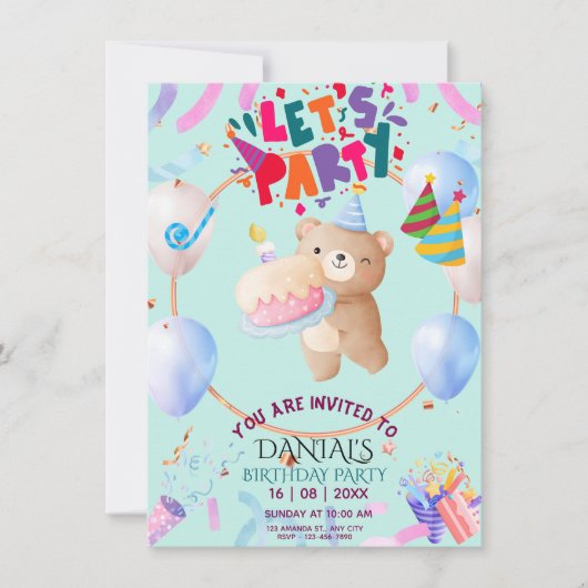 Cute Teddy Bear Personalized Birthday Invitation  Kaart (Voorkant)