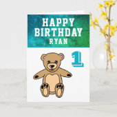 Cute Teddy Bear Photo Boy 1st Birthday Kaart (Gele Bloem)