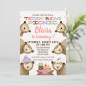 Cute Teddy Bear Picnic Birthday Invitation Girl Kaart (Staand voorkant)