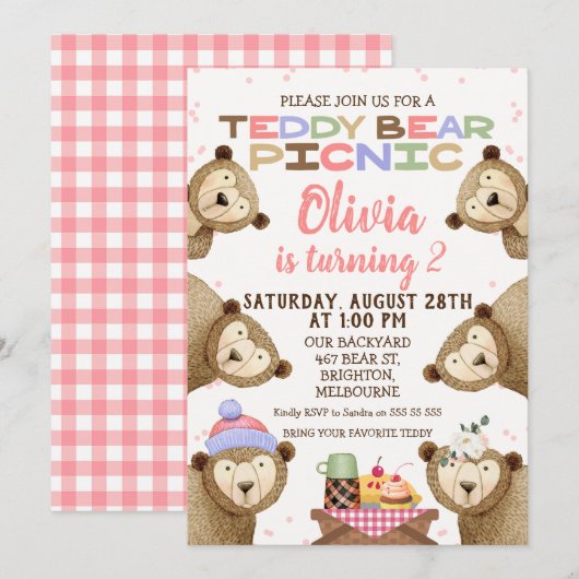 Cute Teddy Bear Picnic Birthday Invitation Girl Kaart (Voorkant / Achterkant)