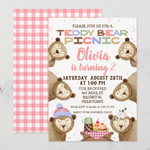 Cute Teddy Bear Picnic Birthday Invitation Girl Kaart