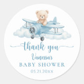 Cute Teddy Bear Pilot Blue Baby Shower Thank You Ronde Sticker (Voorkant)