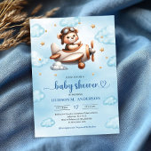 Cute Teddy Bear Pilot Blue Brown Baby Shower Kaart