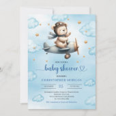 Cute Teddy Bear Pilot Blue Gold Boy Shower Invites Kaart (Voorkant)