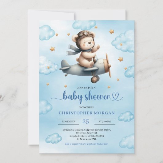 Cute Teddy Bear Pilot Blue Gold Boy Shower Invites Kaart (Voorkant)