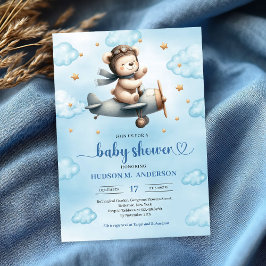 Cute Teddy Bear Pilot Blue Gold Boy Shower Invites Kaart