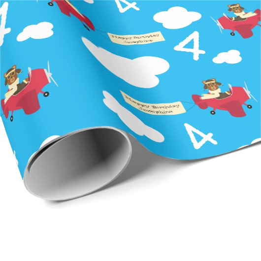 Cute Teddy Bear Pilot Custom Name and Age Birthday Cadeaupapier (Rol Hoek)