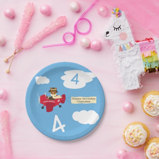 Cute Teddy Bear Pilot Custom Name and Age Birthday Papieren Bordje (Feest)
