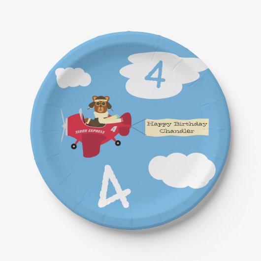 Cute Teddy Bear Pilot Custom Name and Age Birthday Papieren Bordje (Voorkant)