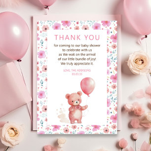 Cute Teddy Bear Pink Balloon Baby shower Bedankkaart