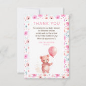 Cute Teddy Bear Pink Balloon Baby shower Bedankkaart (Voorkant)
