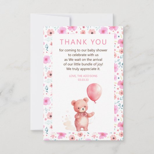 Cute Teddy Bear Pink Balloon Baby shower Bedankkaart (Voorkant)