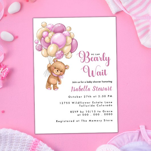 Cute Teddy Bear Pink Balloon Baby shower Kaart
