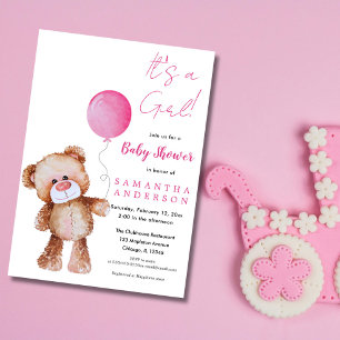 Cute Teddy Bear Pink Balloon Baby shower Kaart