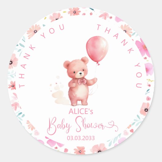 Cute Teddy Bear Pink Balloon Baby shower Ronde Sticker (Voorkant)
