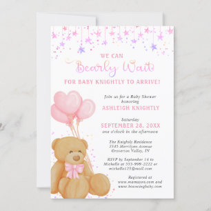 Cute Teddy Bear Pink Balloons Baby shower Kaart