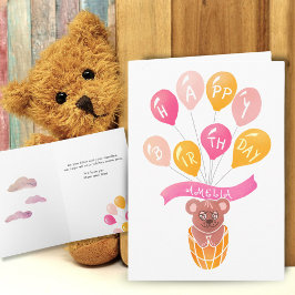 Cute Teddy Bear Pink Balloons Girl Birthday Kaart