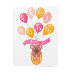 Cute Teddy Bear Pink Balloons Girl Birthday Kaart Magneet
