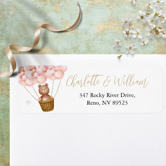 Cute Teddy Bear Pink Balloons Return Address Label