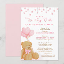Cute Teddy Bear Pink Balloons Stars Baby shower