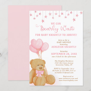 Cute Teddy Bear Pink Balloons Stars Baby shower Kaart