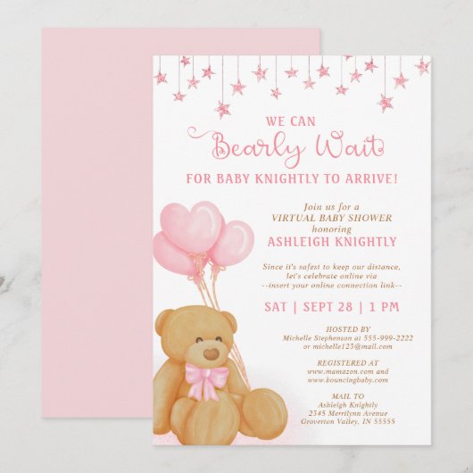 Cute Teddy Bear Pink Balloons Virtueel Baby shower Kaart (Voorkant / Achterkant)