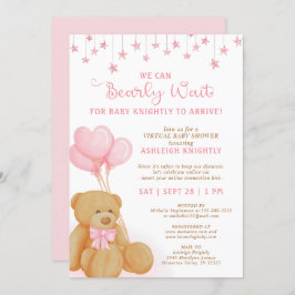 Cute Teddy Bear Pink Balloons Virtueel Baby shower Kaart
