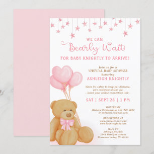 Cute Teddy Bear Pink Balloons Virtueel Baby shower Kaart