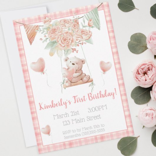 Cute Teddy Bear Pink Birthday Kaart