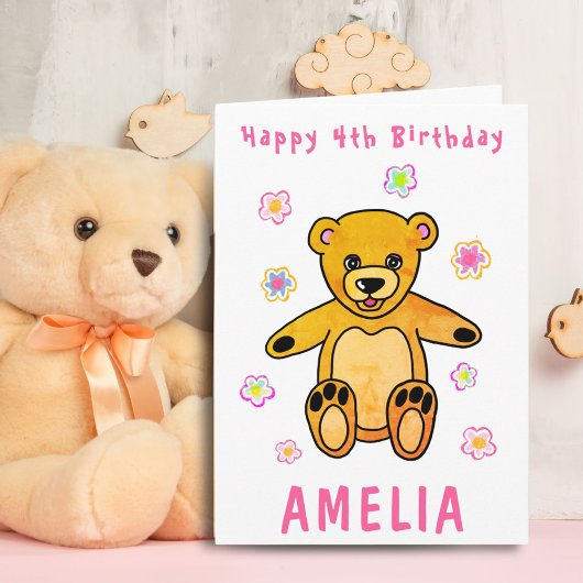Cute Teddy Bear Pink Flowers Happy Birthday Kinder Kaart