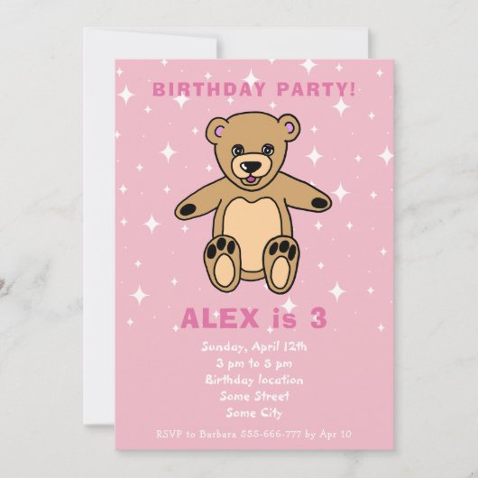 Cute Teddy Bear Pink Girl Birthday Kaart (Voorkant)