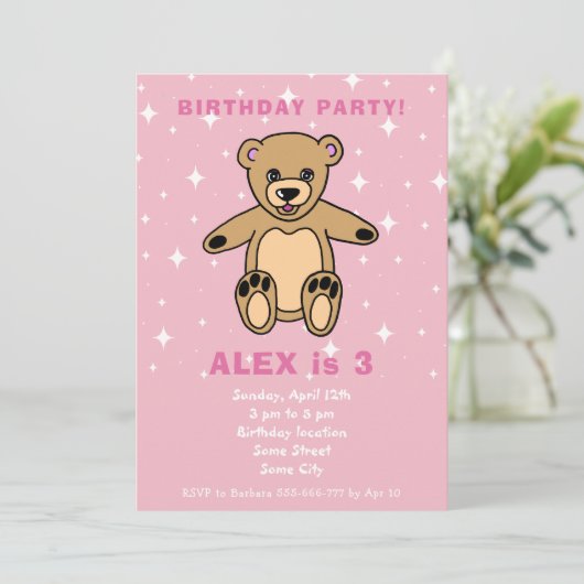 Cute Teddy Bear Pink Girl Birthday Kaart (Staand voorkant)