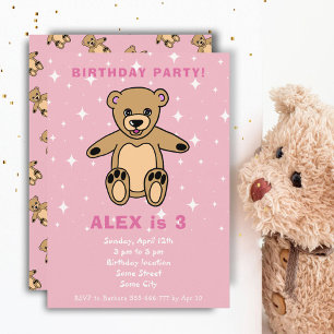 Cute Teddy Bear Pink Girl Birthday Kaart