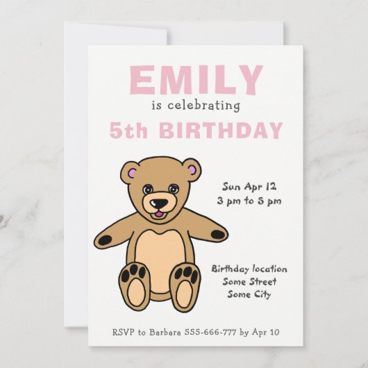 Cute Teddy Bear Pink Girl Birthday Kaart (Voorkant)