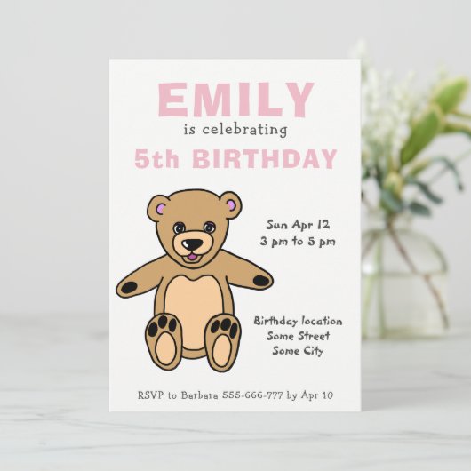 Cute Teddy Bear Pink Girl Birthday Kaart (Staand voorkant)