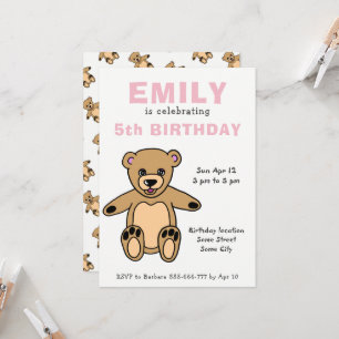 Cute Teddy Bear Pink Girl Birthday Kaart